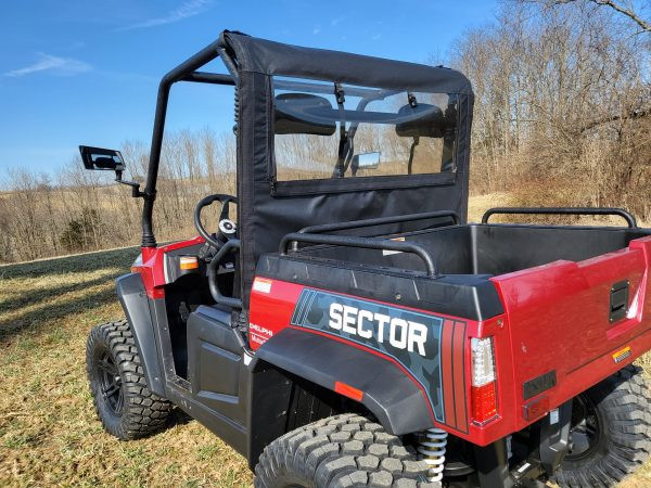 Closer rear three-quarter view of the 3 Star soft back panel and clear window over the bed of the Hisun Sector 450