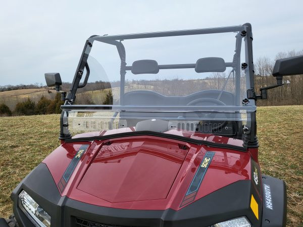 Close-up of the 3 Star 2-piece windshield lower vent panel on a red Hisun Sector 450 hood