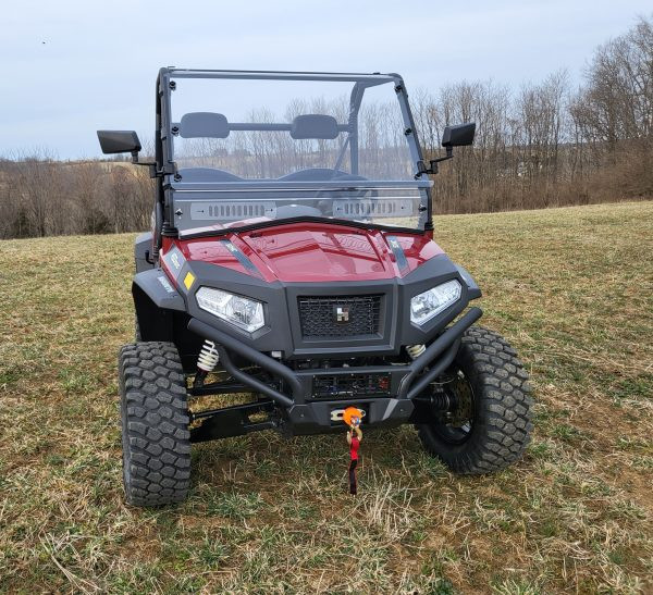 Front three-quarter view of a red Hisun Sector 450 with the 3 Star 2-piece windshield and winch