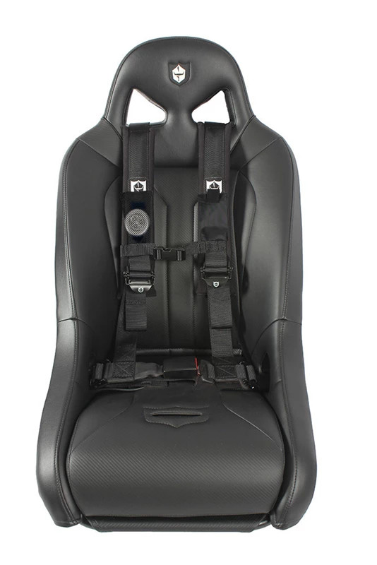 Black Pro Armor 4-point harness installed on a black bucket seat, front view of the shoulder straps and buckle
