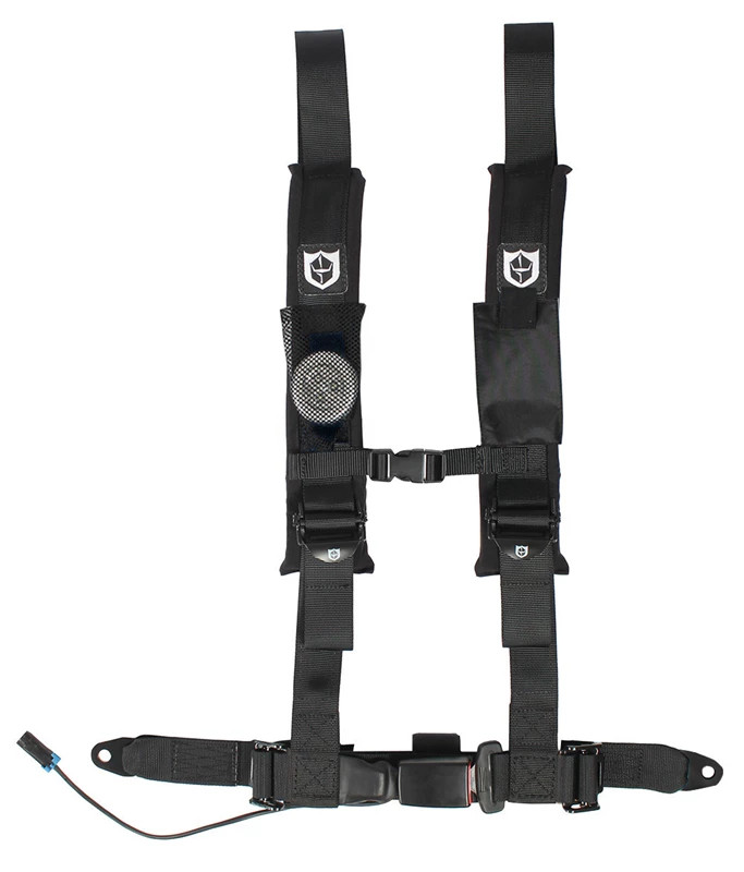 Pro Armor 4-point 2-inch auto-style passenger harness in black, laid flat with shoulder pads and sensor wire