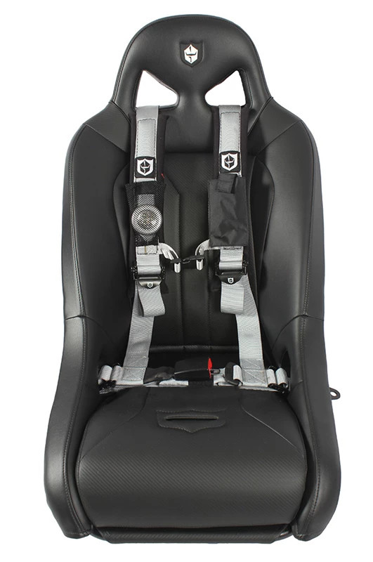 Silver gray color option of the Pro Armor 4-point harness on a black bucket seat, front view