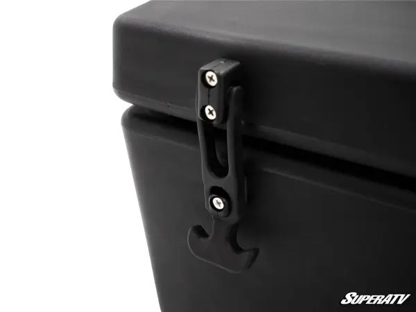 Close-up of the rubber latch on the corner of the SuperATV Z-Force 950 cargo box lid