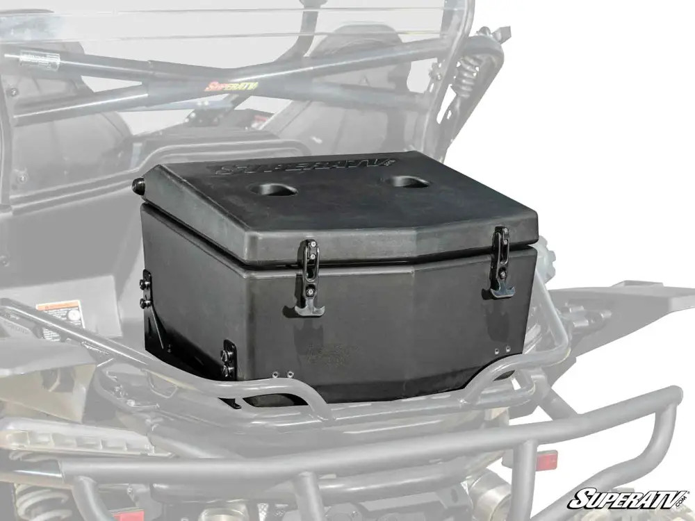 SuperATV cooler cargo box mounted on the rear of a CF Moto Z-Force 950, rear view with the machine faded behind it