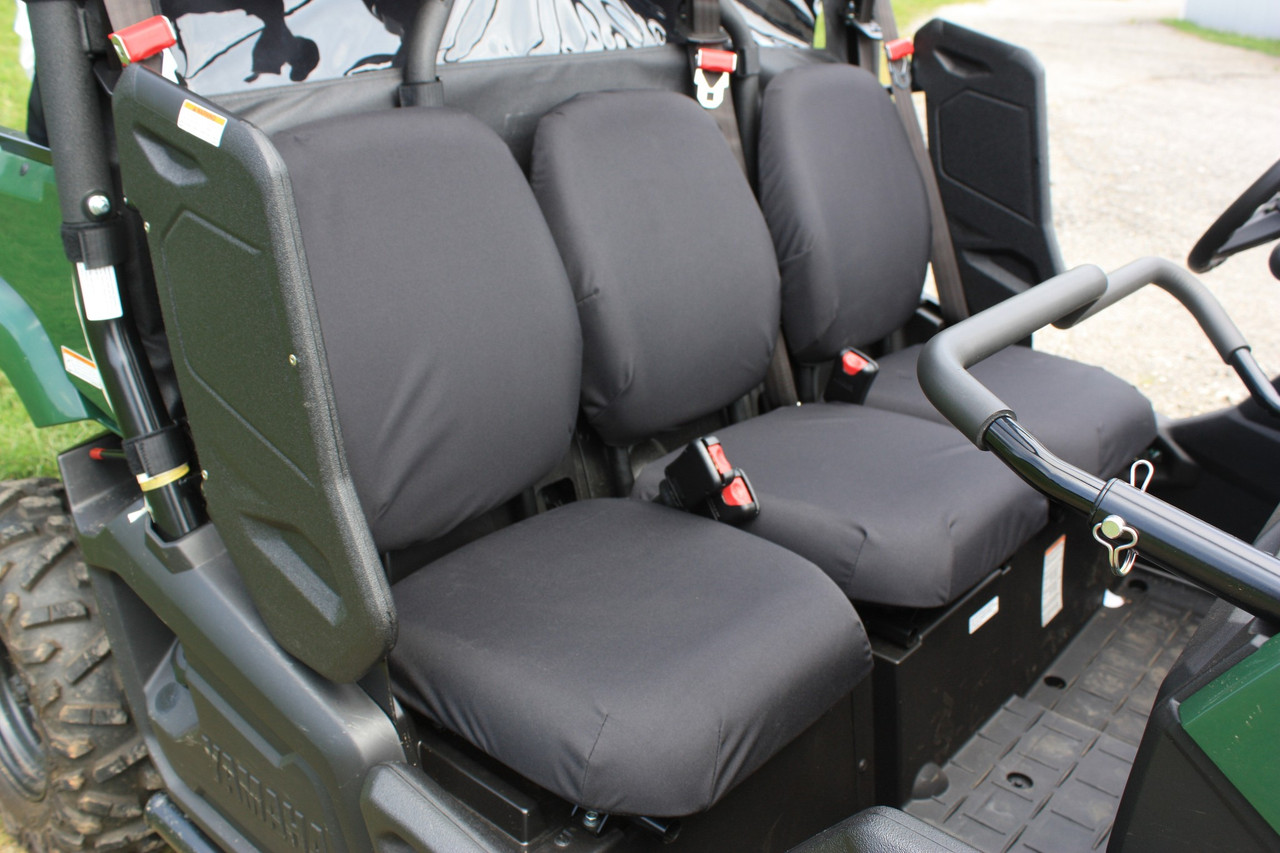 Greene Mountain black seat covers on a Yamaha Viking VI bench, side view of the backrests and seat bottoms