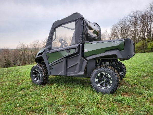 3 Star soft doors with clear windows on a green Intimidator GC1K, passenger side profile in a field