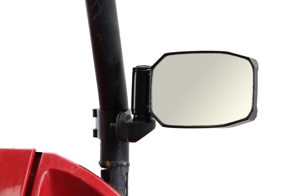 Seizmik Strike side view mirror clamped to a round roll cage tube above a red fender, close-up