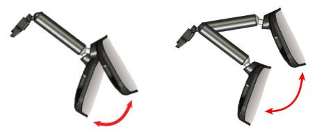 Diagram of the Seizmik wide angle rear view mirror pivoting up and down on its arm, shown with red arrows