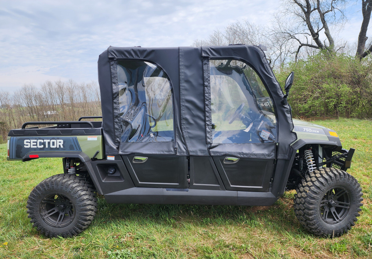 3 Star soft doors and rear window combo on a green HiSun Sector 1000 Crew, driver side profile in a field