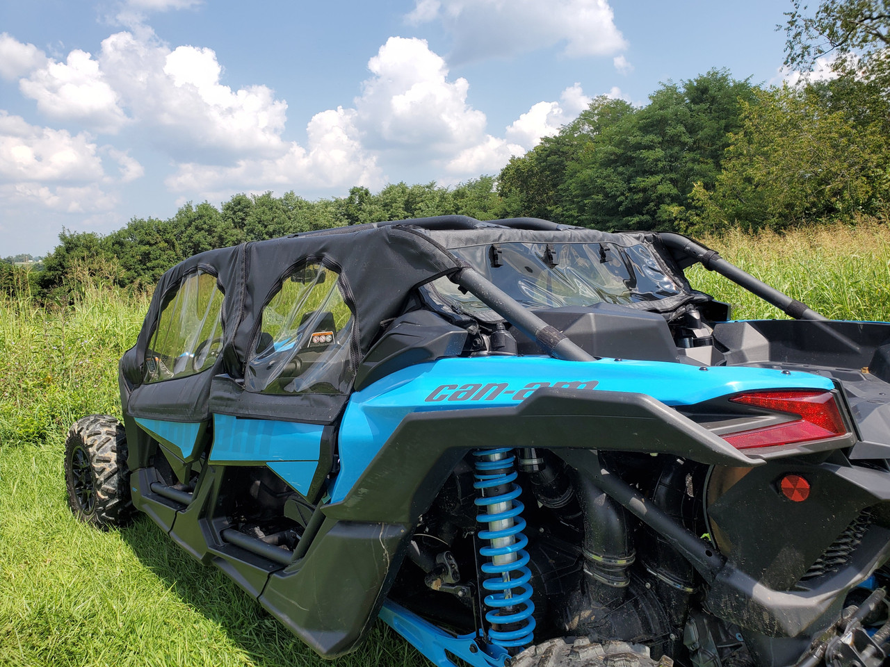 Rear three-quarter view of the 3 Star full cab enclosure doors and rear panel on a blue Can-Am Maverick X3 Max