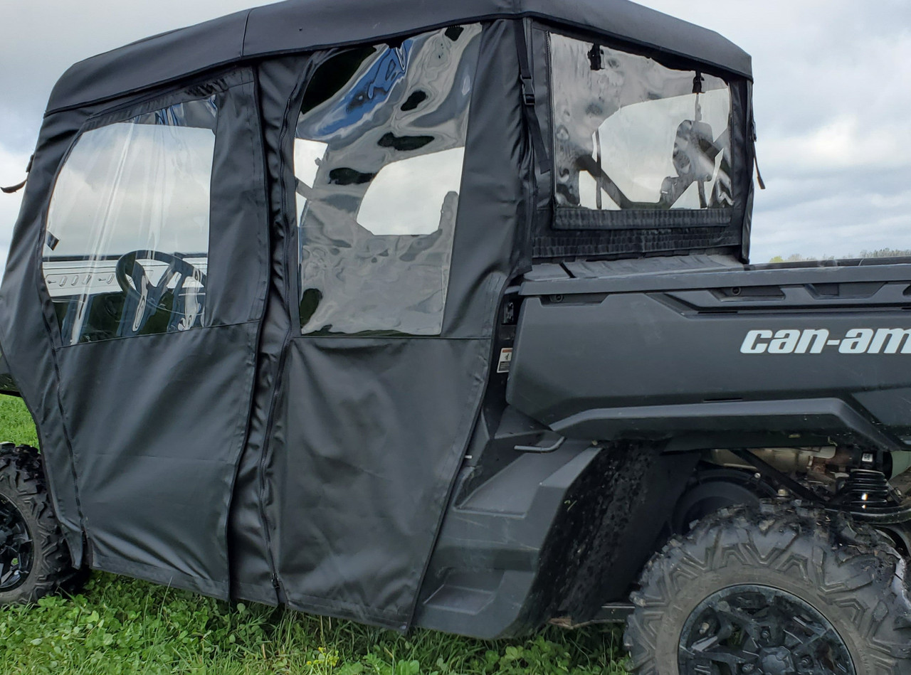 3 Star full doors and rear window combo in black on a Can-Am Defender Max 4, driver side view with clear door windows