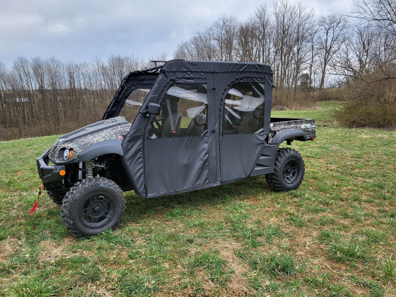 Front three-quarter view of the 3 Star door and rear window combo on the black HiSun HS 750 Crew