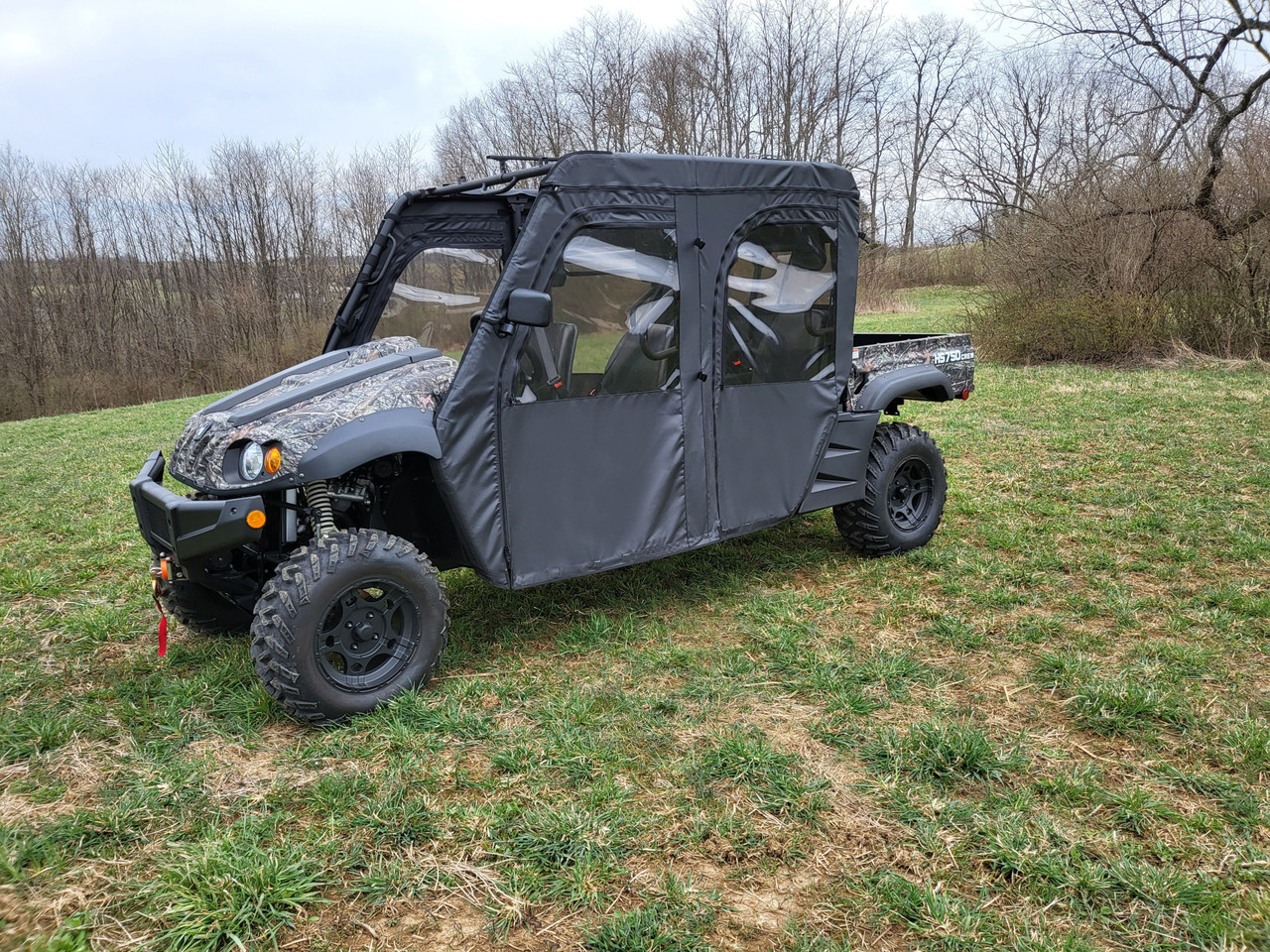 3 Star soft doors installed on a camo HiSun HS 750 Crew, front three-quarter view parked on grass