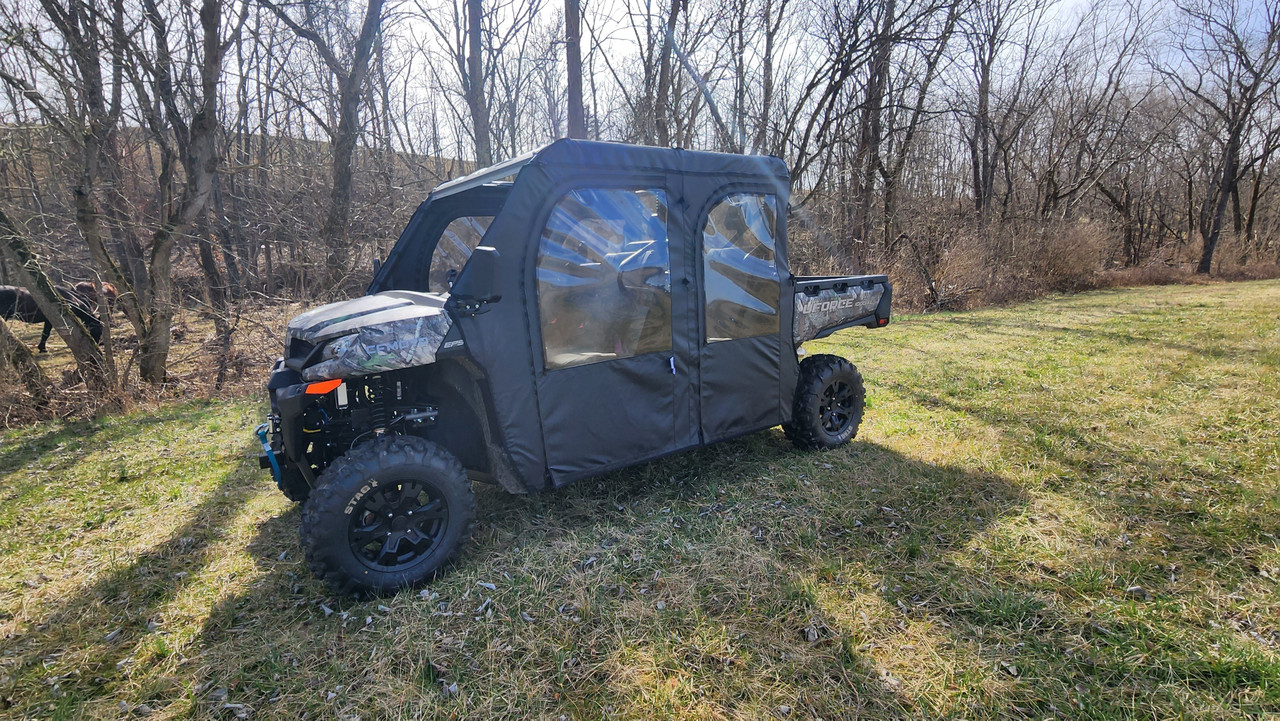 3 Star full front and rear doors on a camo CFMoto UForce 1000XL, front three-quarter view in a winter field