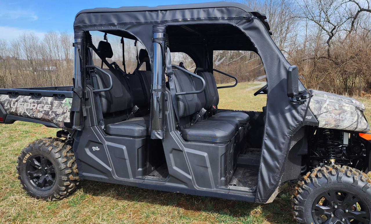 3 Star front and rear doors on a camo CFMoto UForce 1000XL with the doors open showing the gray seats