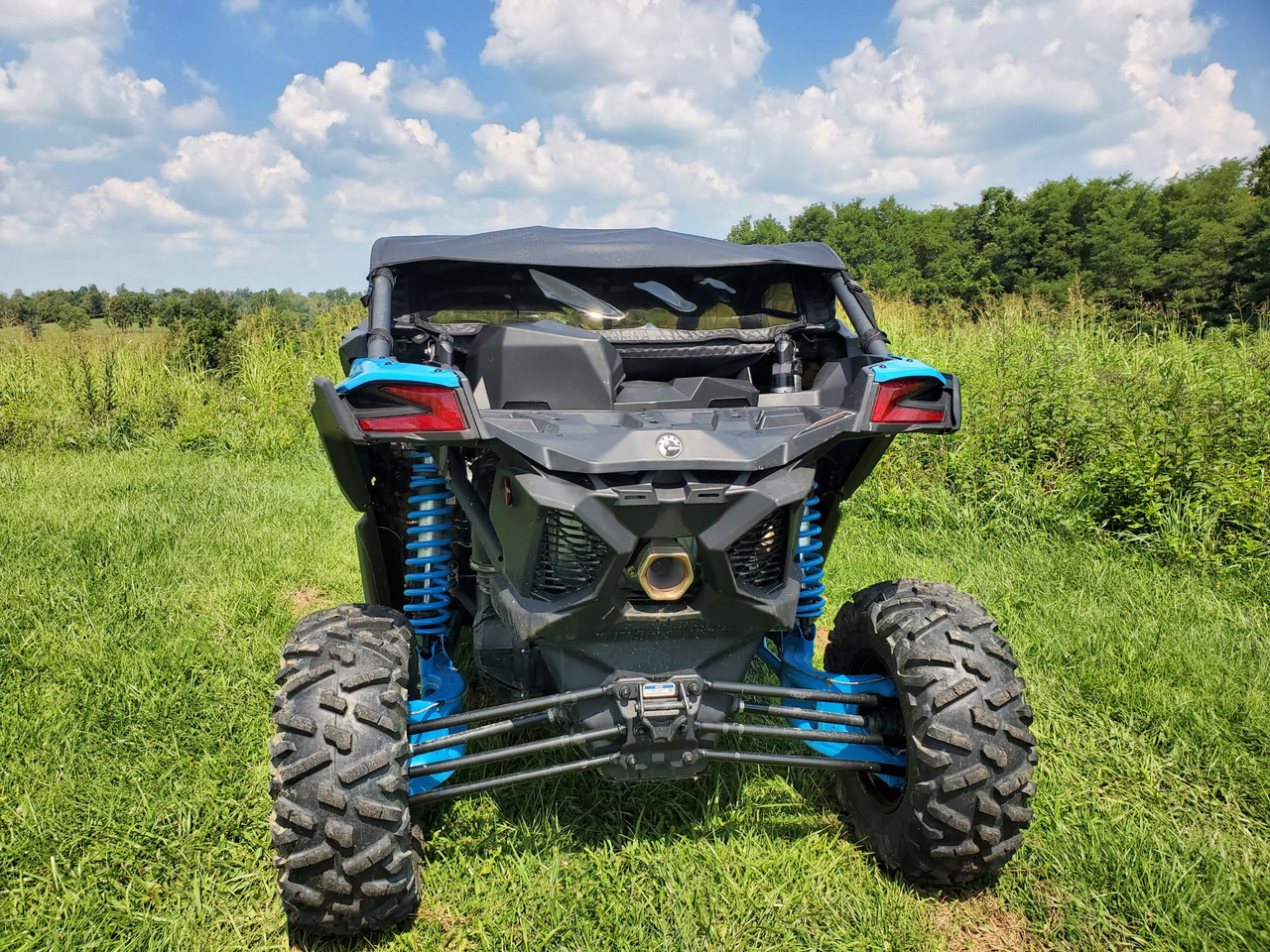 Straight rear view of the 3 Star soft rear window panel on a blue Can-Am Maverick X3 Max