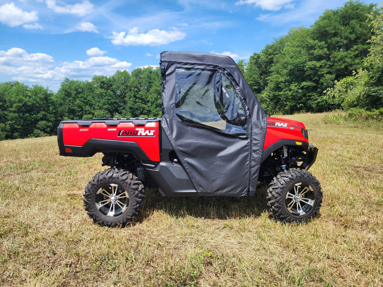 3 Star full soft door with clear window zipped on the red Argo Magnum XF 1000 LE, passenger side profile
