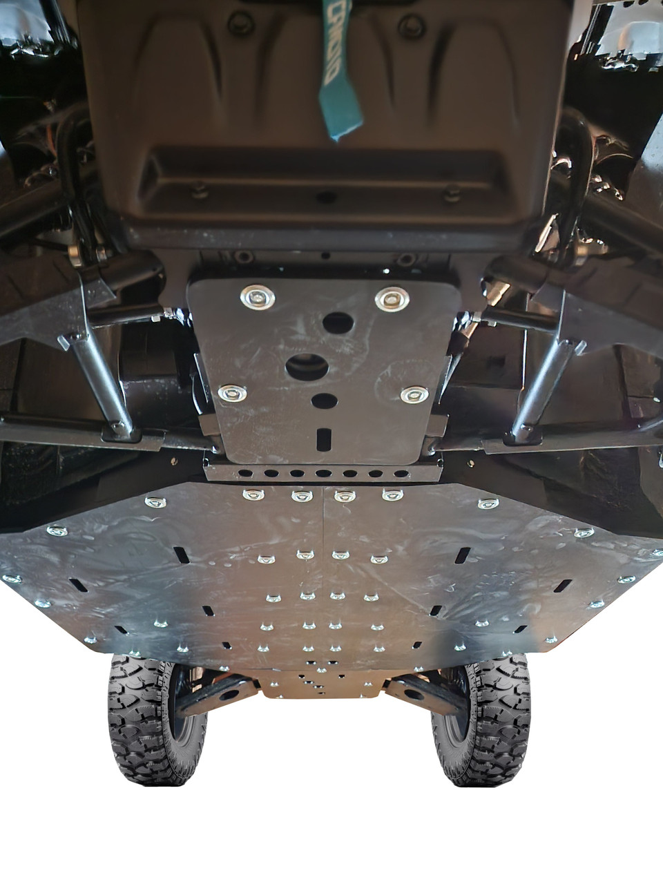 3 Star HDPE skid plate installed under a CFMoto UForce U10 Pro, front underside view with the front A-arms
