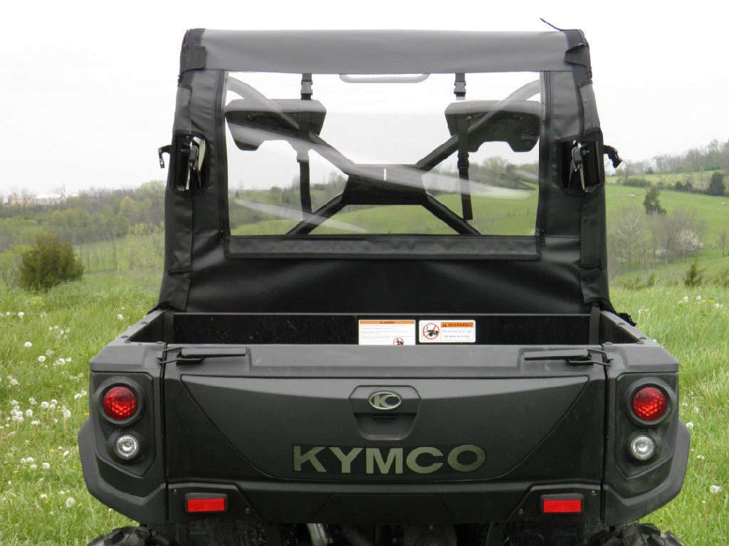 Straight rear view of the 3 Star rear window panel on a Kymco 450 seen over the tailgate