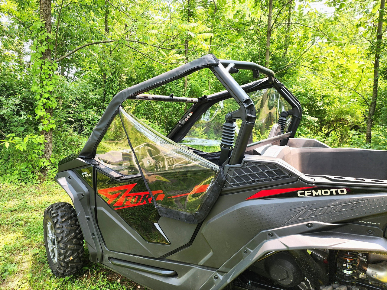 3 Star soft upper doors with clear vinyl installed on a black CFMoto ZForce 950 Trail, side view in the woods