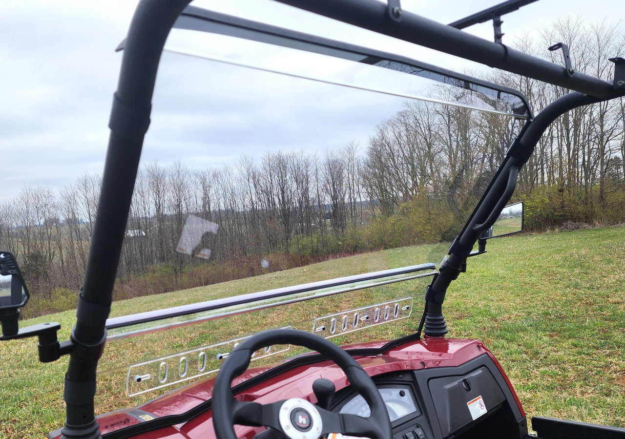 3 Star 2-piece windshield seen from inside the HiSun Sector 1000 Crew cab over the steering wheel