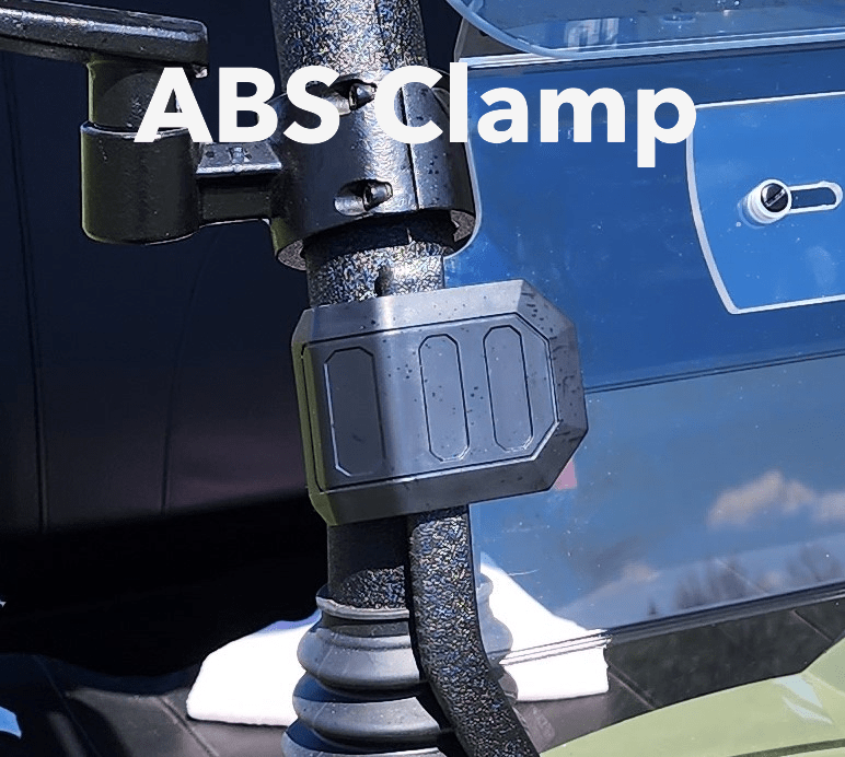 Close-up of the black 3 Star ABS clamp holding the tinted RZR XP 1000 windshield to the cage tube, labeled ABS clamp