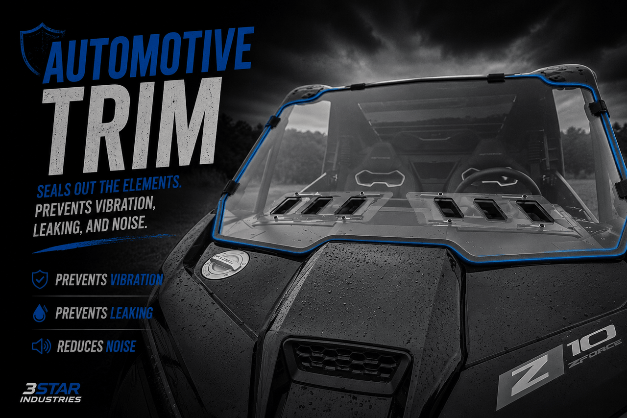 3 Star CFMoto ZForce Z10 windshield graphic highlighting the automotive trim edge seal in blue