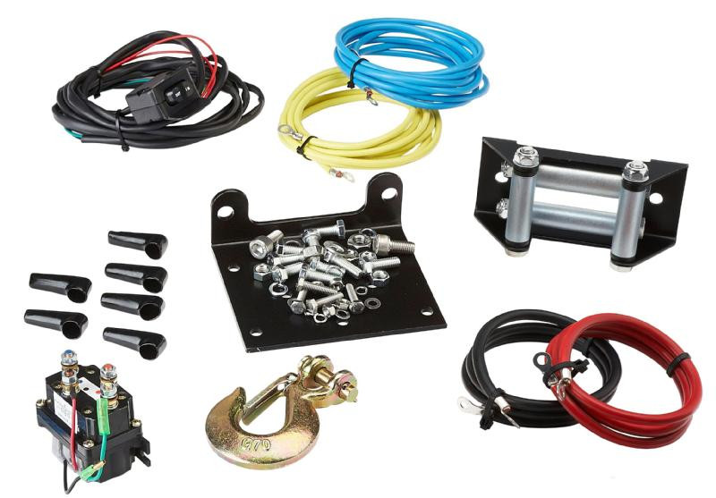 MotoAlliance Viper Midnight winch kit contents: contactor, roller fairlead, mount plate, cables, hook and hardware