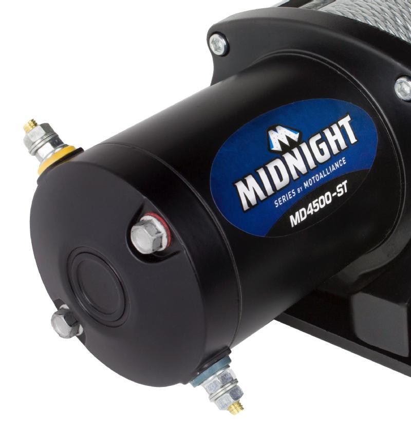 Close-up of the MotoAlliance Viper Midnight winch motor end with blue label and power terminals