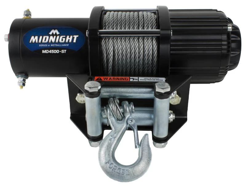 MotoAlliance Viper Midnight 4500 lb winch with steel cable, roller fairlead and clevis hook, front view