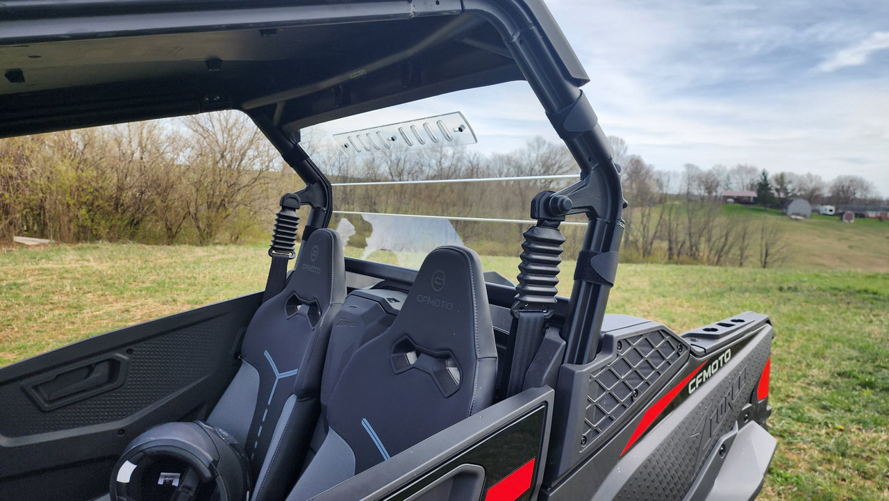 Side view of the 3 Star Lexan back panel with vent slots on the cage of a black CFMoto ZForce 950 Sport