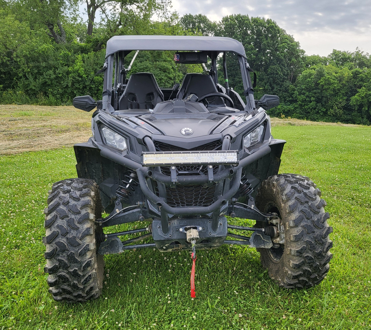 3 Star soft top installed on a black Can-Am Maverick Sport Max, straight front view with light bar