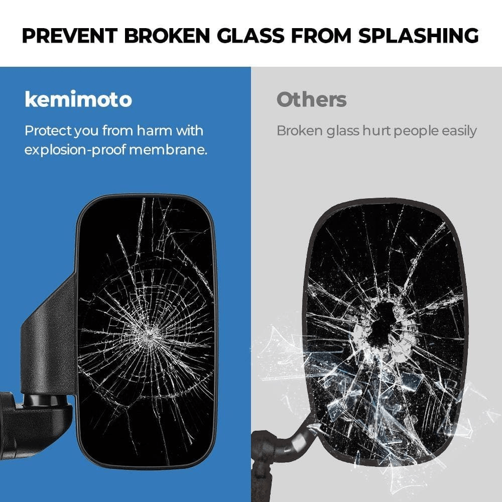 Comparison graphic of the 3 Star side mirror explosion-proof membrane next to a shattered mirror