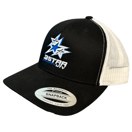 3 Star UTV logo hat, black snapback trucker cap with white mesh back and embroidered blue star logo