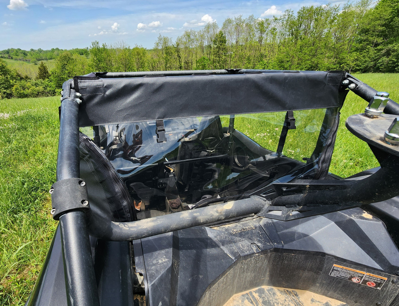 3 Star canvas rear panel with clear window strapped to the cage of a Kawasaki Teryx KRX Crew, rear view