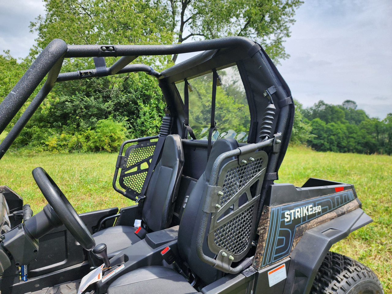 Inside view of the 3 Star soft back panel behind the HiSun Strike 250 seats with the mesh side nets