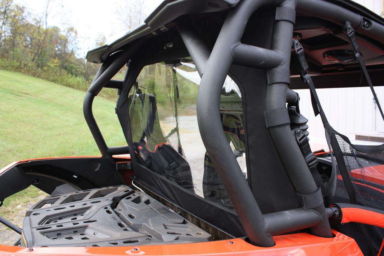 Greene Mountain rear window on a Can-Am Maverick, angled rear view of the clear panel behind the roll cage