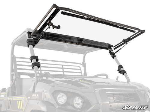 SuperATV flip-out windshield tilted open on a Kawasaki Pro FX/FXT, shown on a plain white background