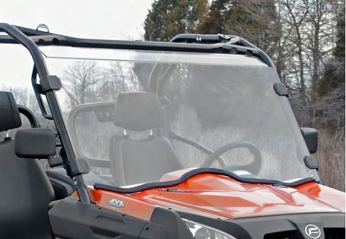 SuperATV scratch resistant full windshield on an orange CF Moto U-Force 800, front three-quarter close view