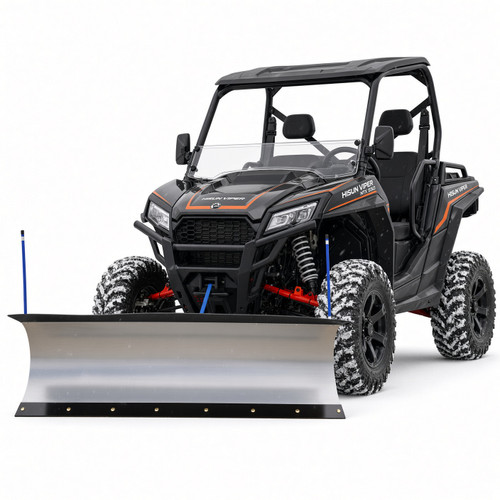 KFI complete plow system with Pro-S steel blade installed on a Hisun Viper NTX 550 UTV, front three-quarter view