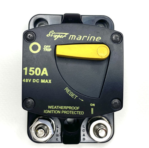 150 amp weatherproof marine circuit breaker with yellow reset lever from the Dirty Teeth Racing busbar kit