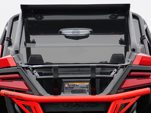Spike rear windshield for Polaris RZR Pro XP 2-seat and RZR Turbo R 2-seat: tinted vented rear windshield on a red UTV,...