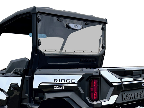 Spike rear windshield for Kawasaki Ridge: tinted rear windshield on a white Kawasaki Ridge, rear corner view