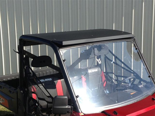 Front view of the black Extreme Metal Products aluminum roof over the Polaris Ranger cab and windshield