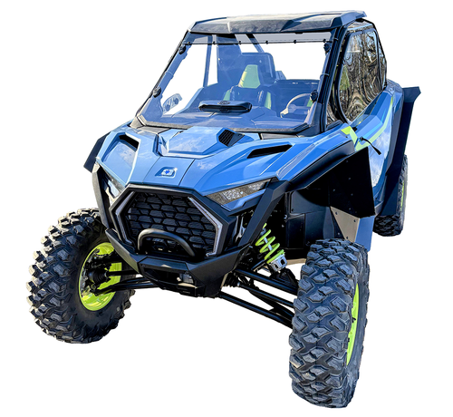Spike windshield for Polaris RZR Pro XP and Pro S: full windshield on a blue Polaris RZR, front corner view