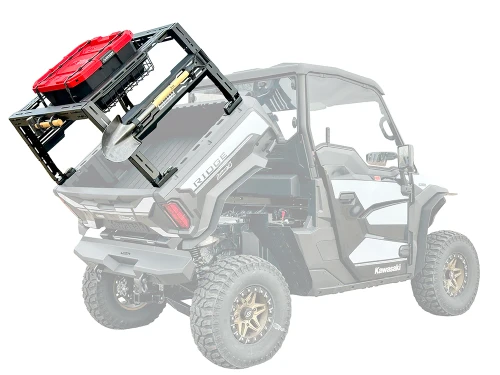 SCM bed rack for Kawasaki Ridge 3-seat and Ridge Crew: bed rack carrying a red toolbox, UTV shown faded