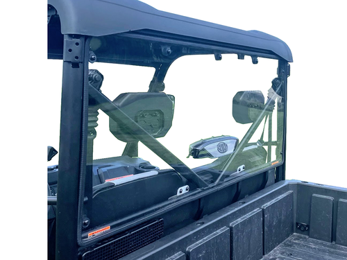 Spike rear windshield for CFMOTO UForce 600: vented rear windshield on a blue UTV, rear view over the bed