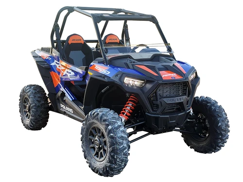 Spike short windshield for Polaris RZR XP 1000 & XP 4 1000: half windshield on a blue Polaris RZR, front corner view