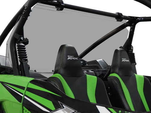 Spike rear windshield for Kawasaki KRX 1000 2-seat: tinted rear windshield on a green Kawasaki KRX, side close-up