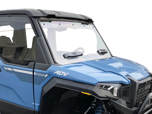 Spike windshield for Polaris Xpedition: vented windshield on a blue UTV, front corner close-up
